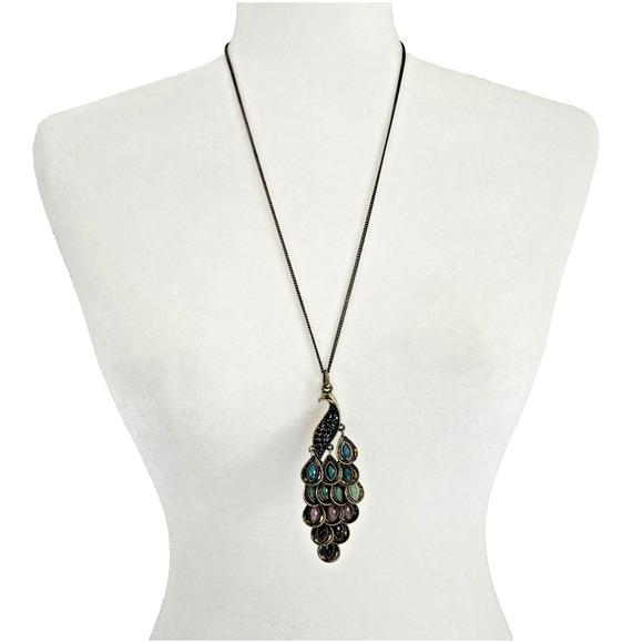 Peacock Chandelier Pendant Necklace Colorful Stones Boho Festival Cocktail Retro - Picture 3 of 12